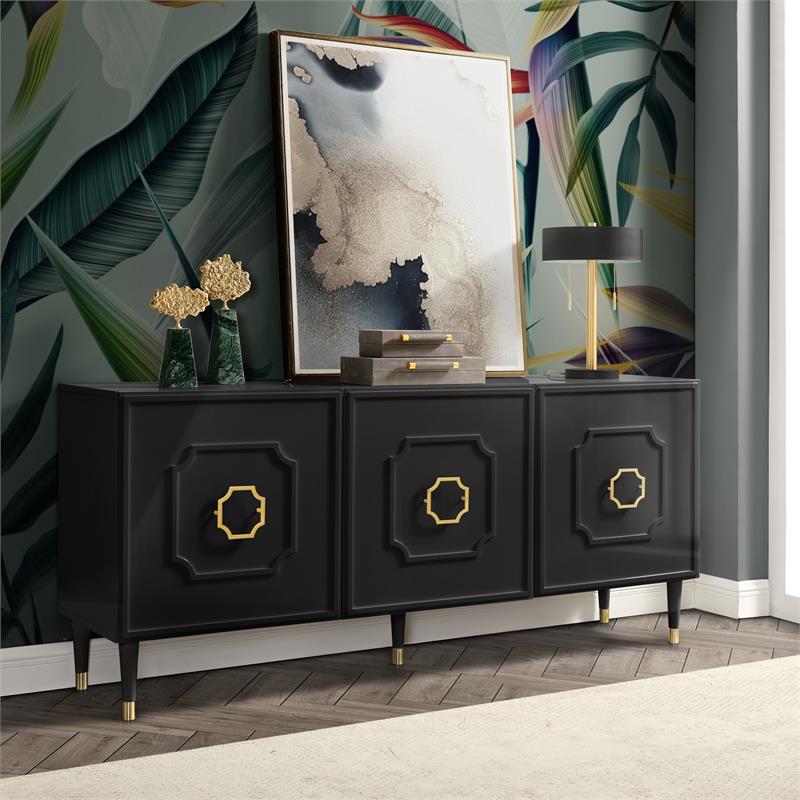 Pemberly Row Mid-Century 3 Doors Sideboard Buffet in Black