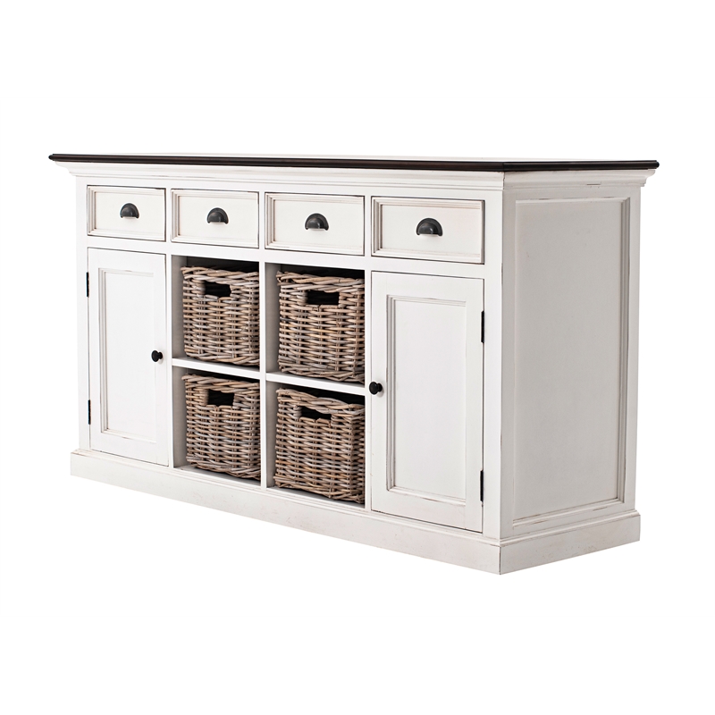 Pemberly Row Accent Mahogany Wood Buffet with 4 Basket Set in White