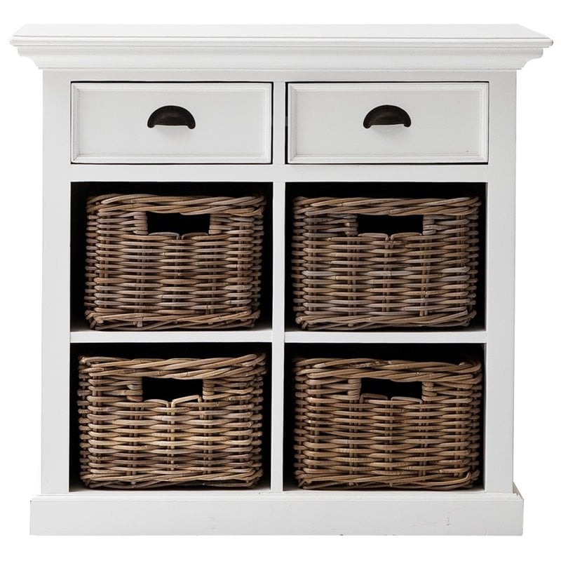 Pemberly Row Modern Medium Buffet with 4 Baskets in Pure White