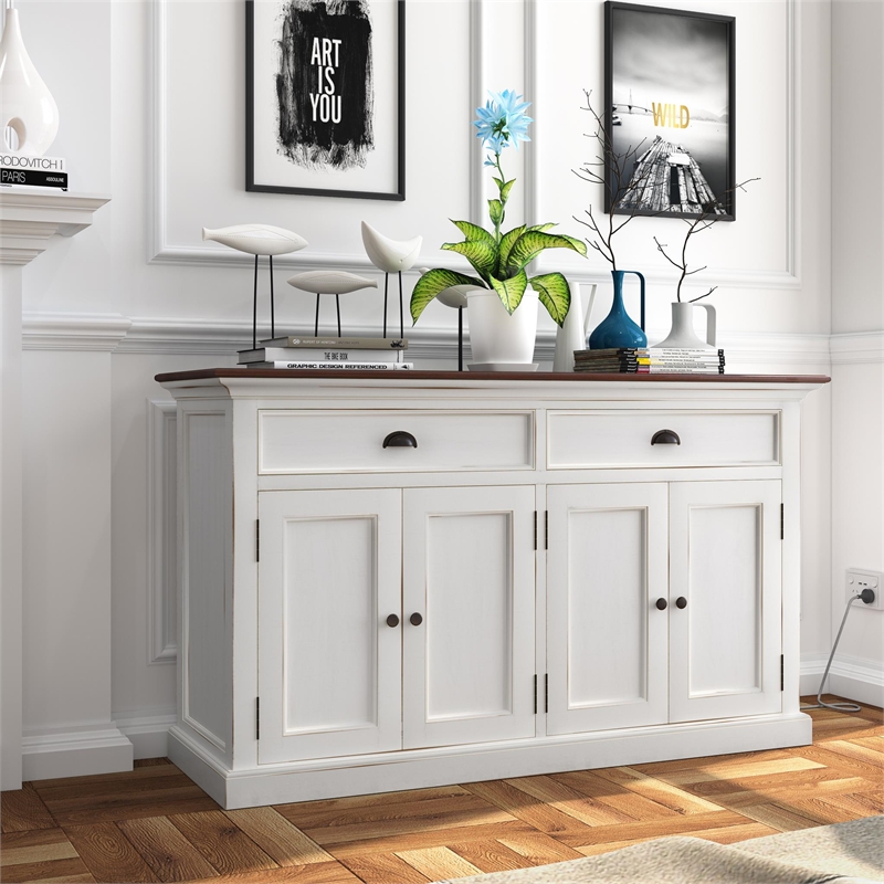 Pemberly Row Accent Classic Buffet in Pure White and Dark Wood