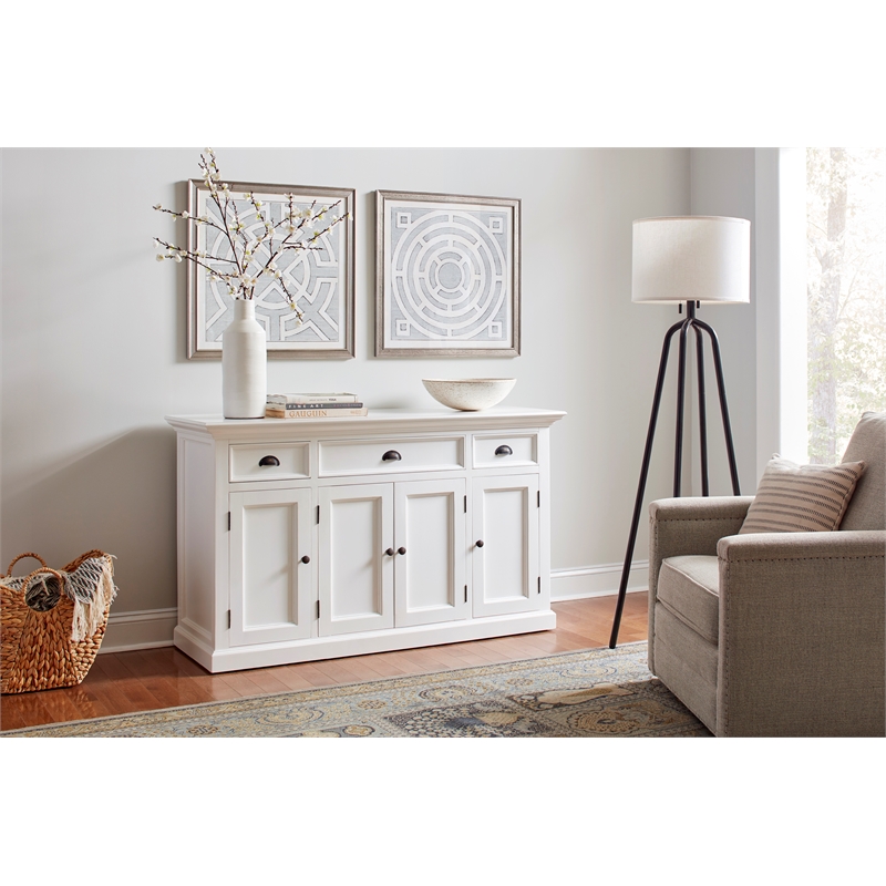 Pemberly Row Mahogany Wood Buffet with 4 Doors 3 Drawers in White