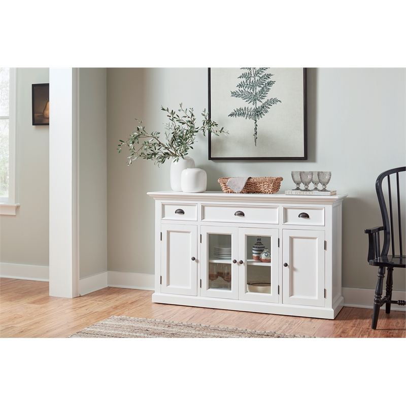 Pemberly Row Mahogany Wood Buffet with 4 Doors 3 Drawers in White