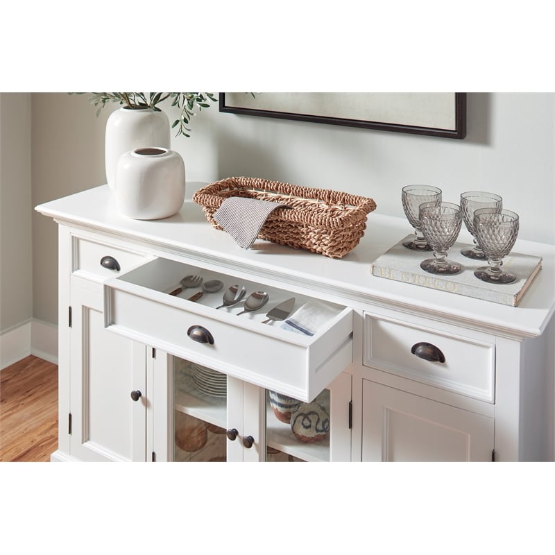 Pemberly Row Mahogany Wood Buffet with 4 Doors 3 Drawers in White