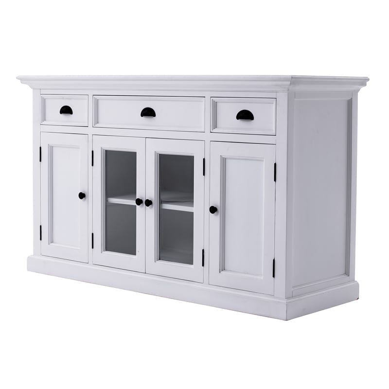 Pemberly Row Mahogany Wood Buffet with 4 Doors 3 Drawers in White