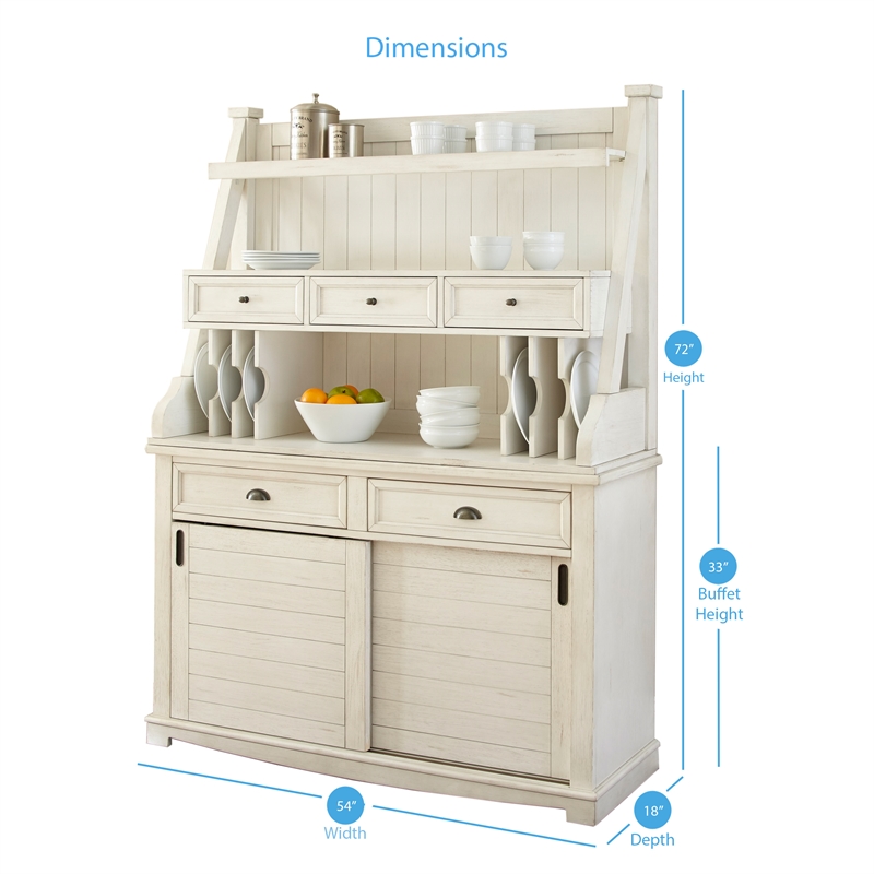 Pemberly Row Buffet with Hutch in Antique White with Heavy Distressing