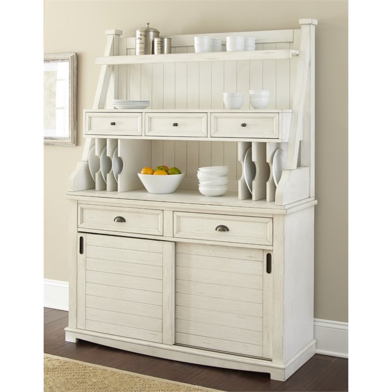 Pemberly Row Buffet with Hutch in Antique White with Heavy Distressing