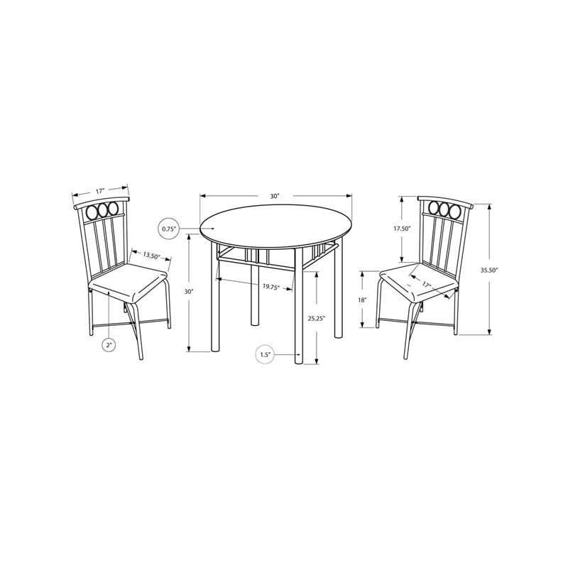 Pemberly Row Modern 3 Piece Round Dining Set in Black Metal