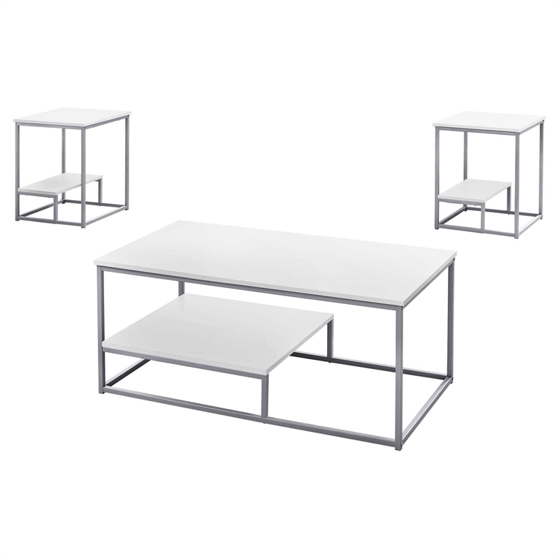 Pemberly Row Modern 3 Piece Coffee Table Set in White and Silver