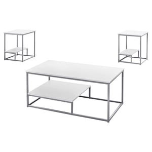 Pemberly Row Modern 3 Piece Coffee Table Set in White and Silver