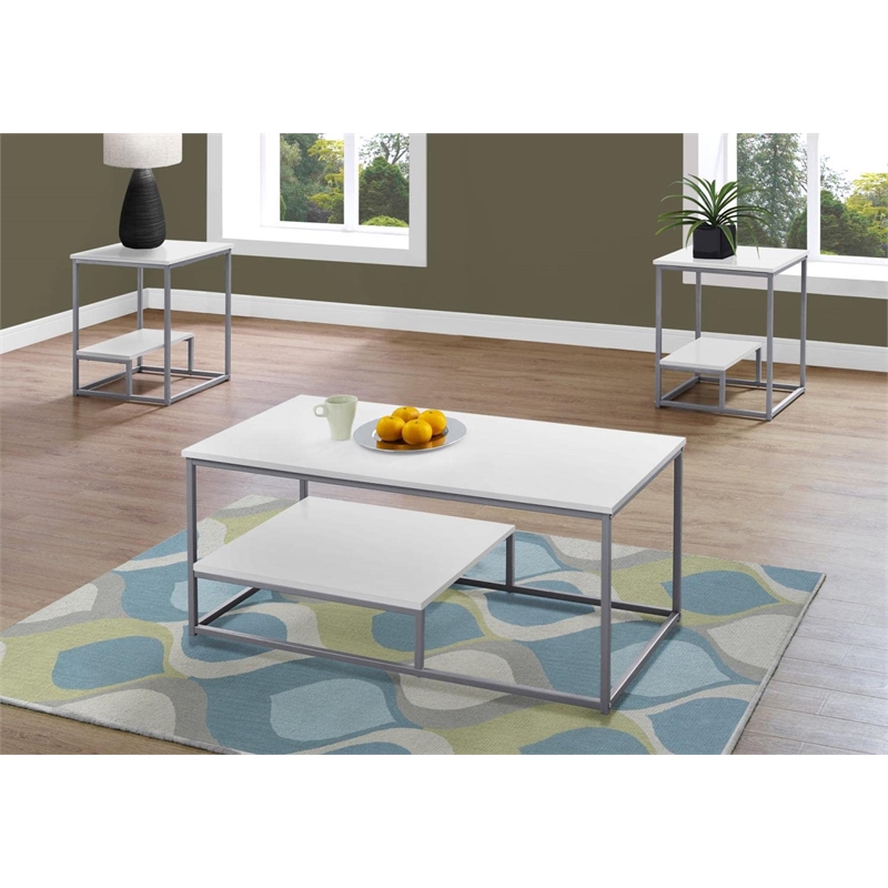 Pemberly Row Modern 3 Piece Coffee Table Set in White and Silver