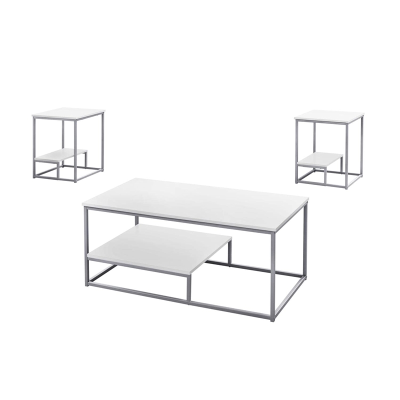 Pemberly Row Modern 3 Piece Coffee Table Set in White and Silver