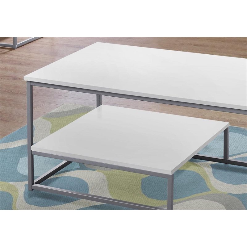 Pemberly Row Modern 3 Piece Coffee Table Set in White and Silver