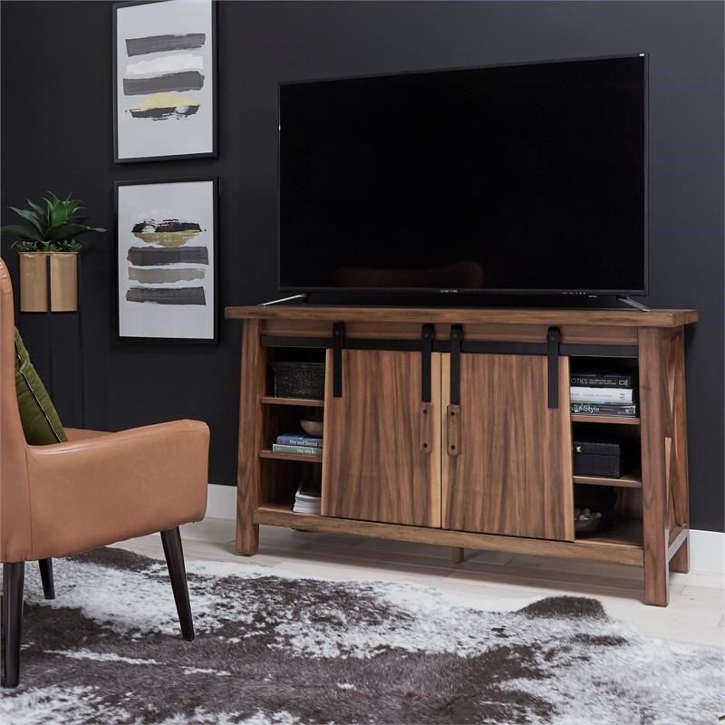 Pemberly Row Farmhouse Brown Wood Entertainment Center