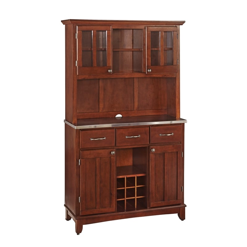 Pemberly Row Contemporary Buffet Cherry Hutch with Stainless Steel Top