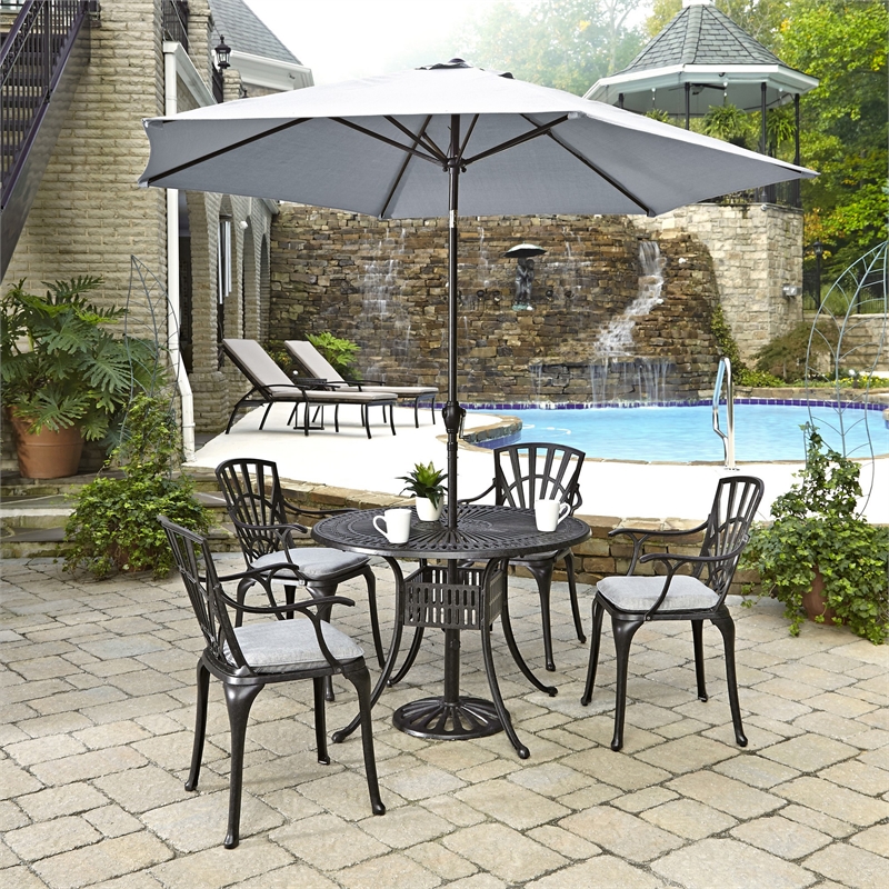 Pemberly Row Brown Aluminum 5 Piece Dining Set with Umbrella and Cushions