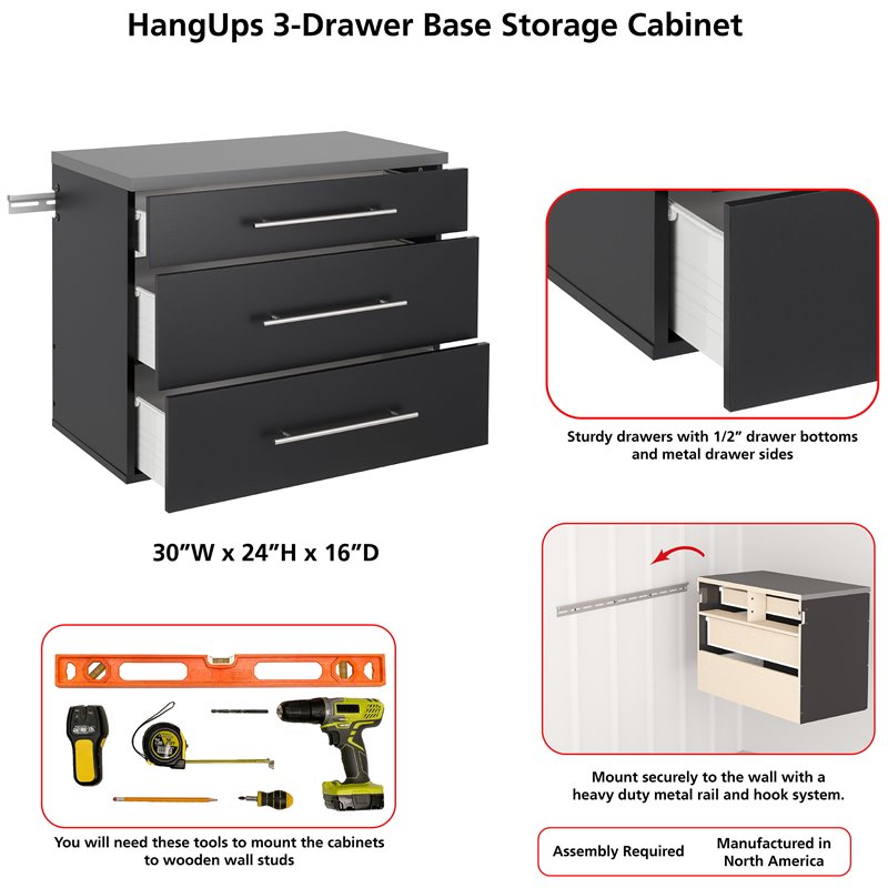 Pemberly Row Transitional 3 Drawer Wooden Base Garage Storage Cabinet in Black