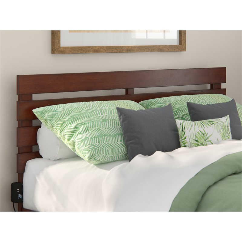 Pemberly Row Modern Solid Wood Queen Headboard w/ USB Charging Station in Walnut