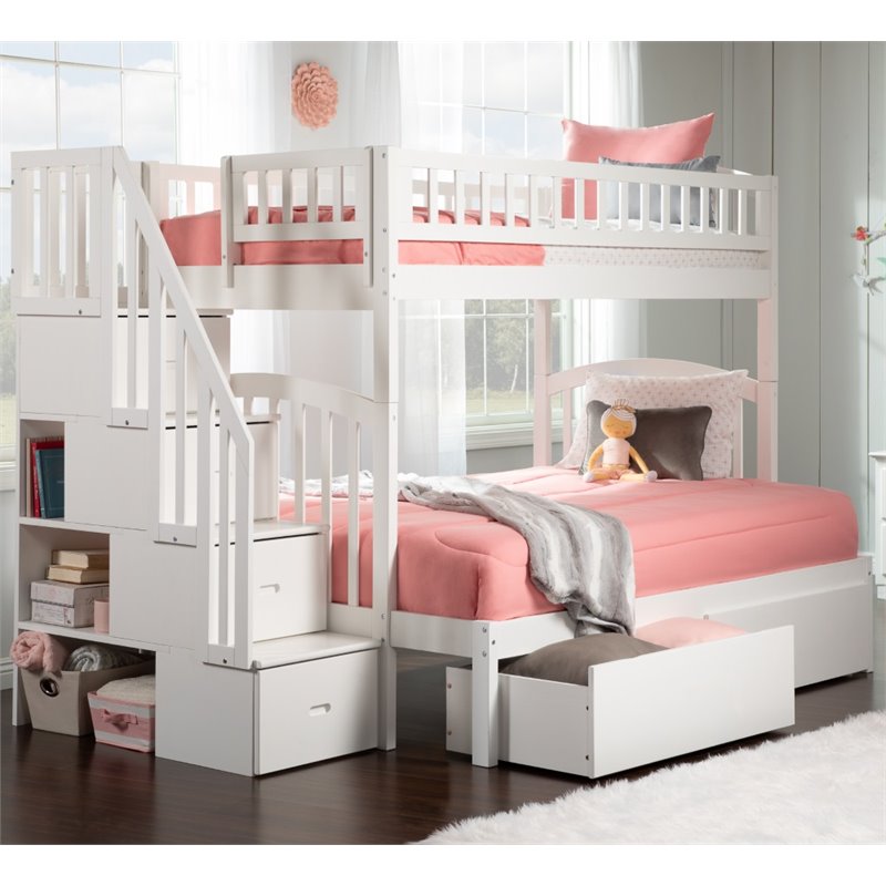Pemberly Row Traditional Wood Staircase Storage Bunk Twin Over Full in White