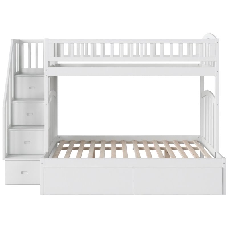 Pemberly Row Traditional Wood Staircase Storage Bunk Twin Over Full in White