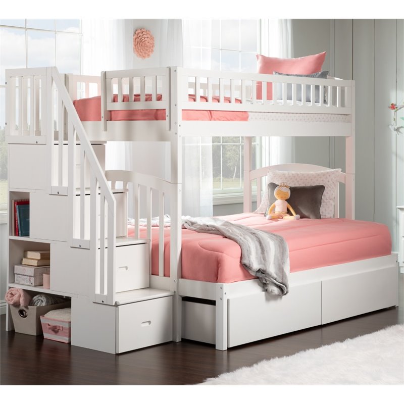 Pemberly Row Traditional Wood Staircase Storage Bunk Twin Over Full in White