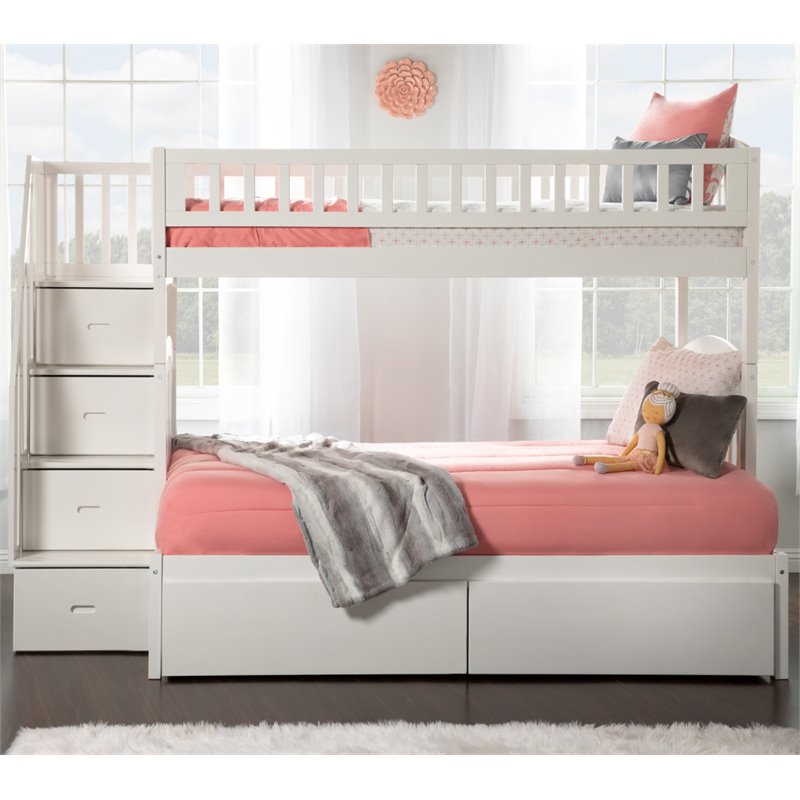 Pemberly Row Traditional Wood Staircase Storage Bunk Twin Over Full in White