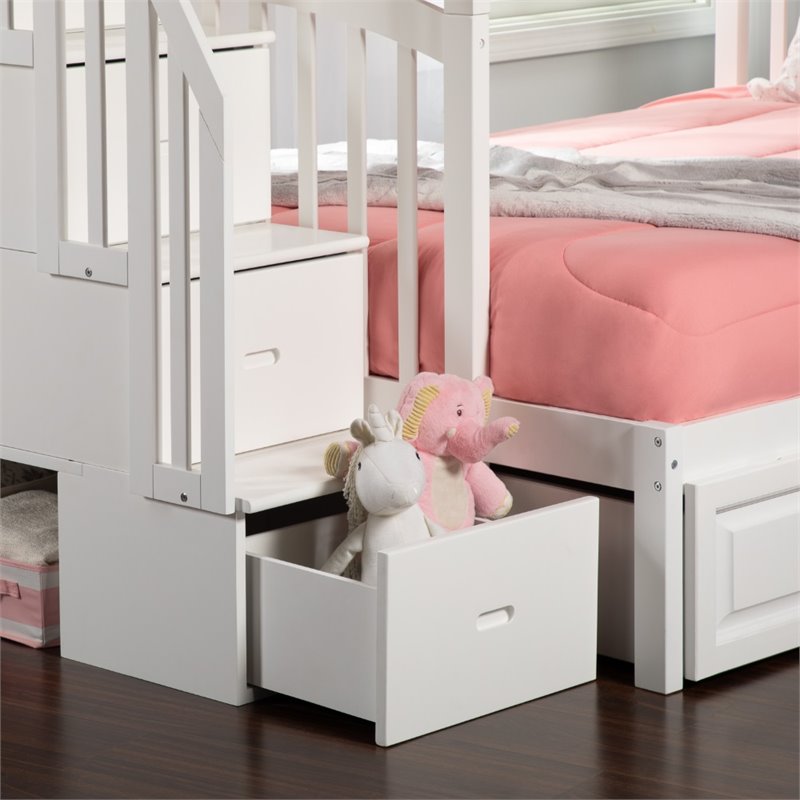 Pemberly Row Traditional Wood Staircase Storage Bunk Twin Over Full in White