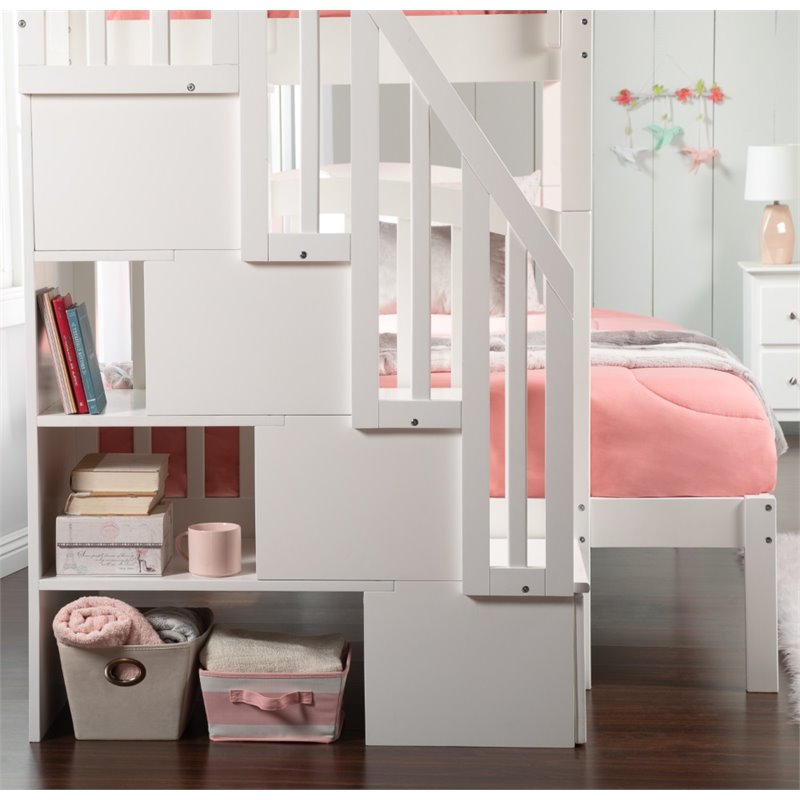 Pemberly Row Traditional Wood Staircase Storage Bunk Twin Over Full in White