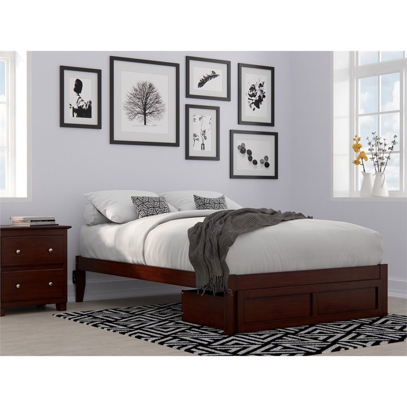 Pemberly Row Modern Wood Full Bed with Foot Drawer and USB Charger in Walnut