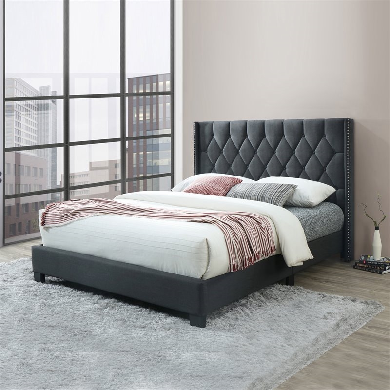 Pemberly Row Modern Fabric Tufted Queen Platform Bed in Charcoal Gray