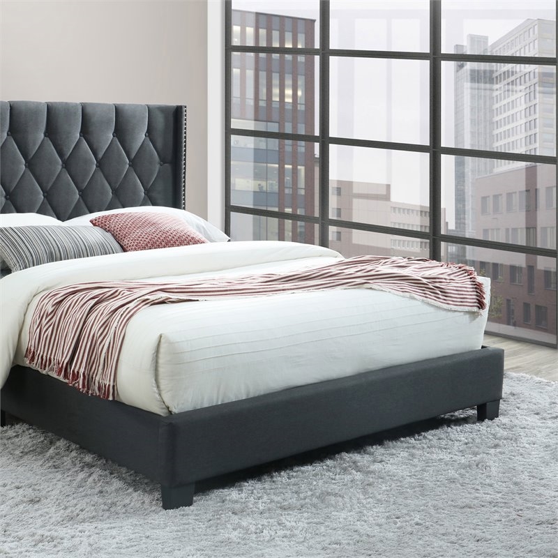 Pemberly Row Modern Fabric Tufted Queen Platform Bed in Charcoal Gray