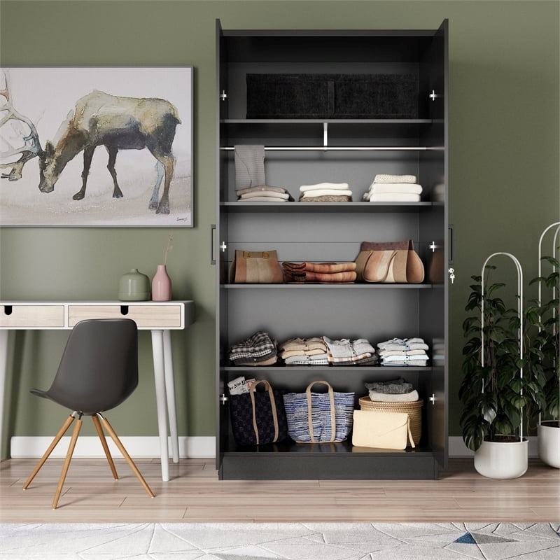 Pemberly Row Two Doors Modern Wood Armoire Wardrobe Cabinet in Black