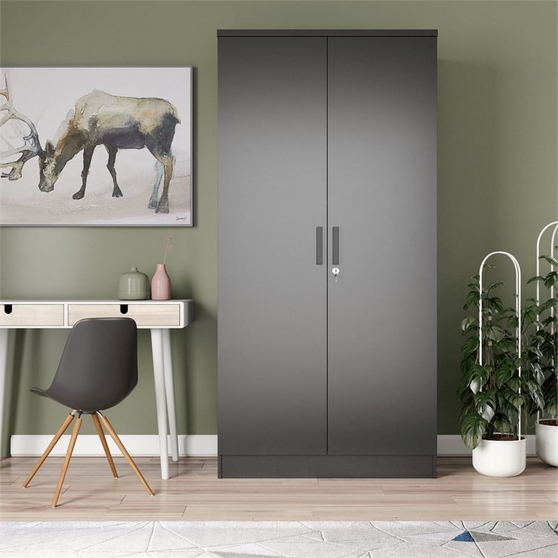 Pemberly Row Two Doors Modern Wood Armoire Wardrobe Cabinet in Black