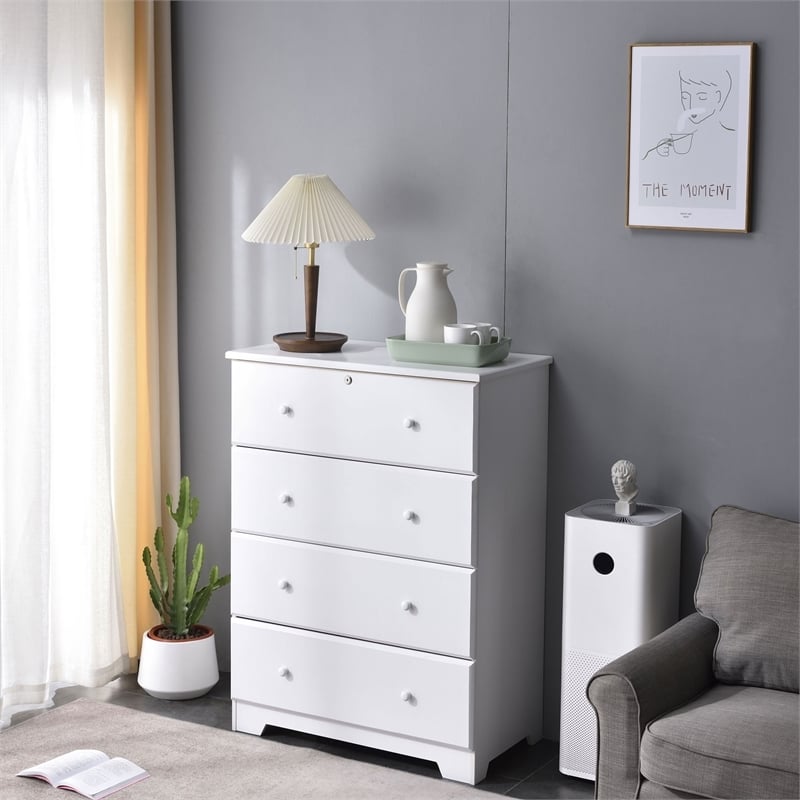 Pemberly Row Modern 4-Drawer Solid Pine Wood Chest Dresser in White