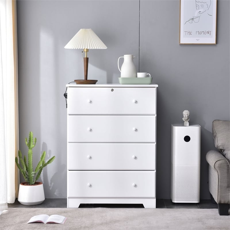 Pemberly Row Modern 4-Drawer Solid Pine Wood Chest Dresser in White