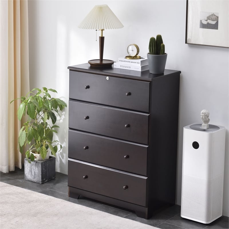 Pemberly Row Modern 4-Drawer Solid Pine Wood Chest Dresser in Tobacco