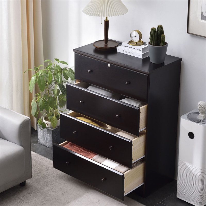 Pemberly Row Modern 4-Drawer Solid Pine Wood Chest Dresser in Tobacco