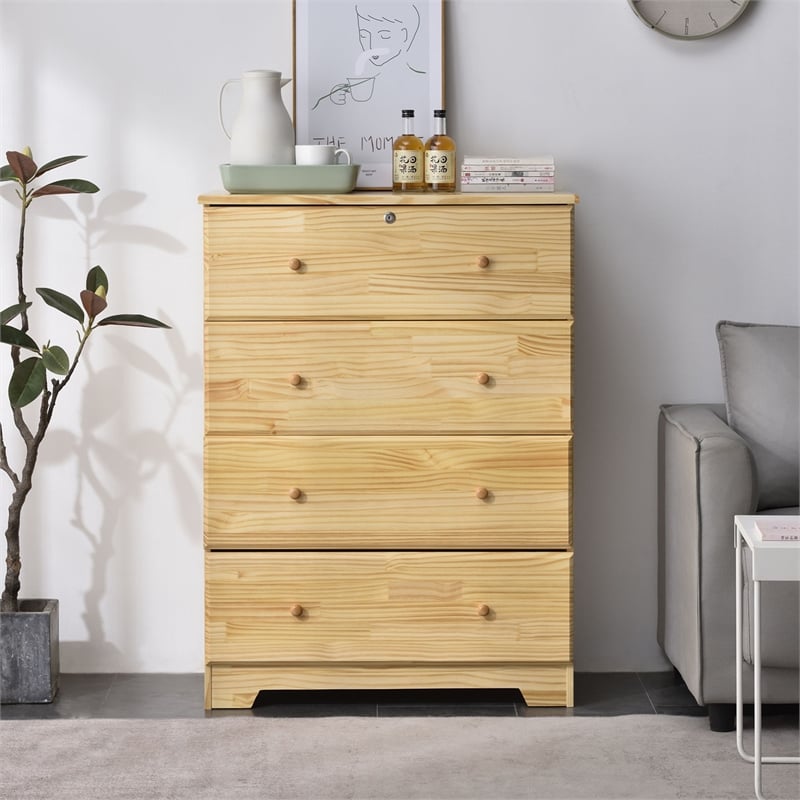 Pemberly Row Modern 4-Drawer Solid Pine Wood Chest Dresser in Natural
