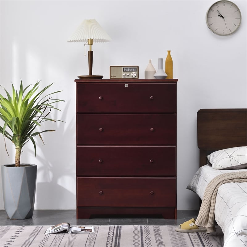 Pemberly Row Modern 4-Drawer Solid Pine Wood Chest Dresser in Mahogany