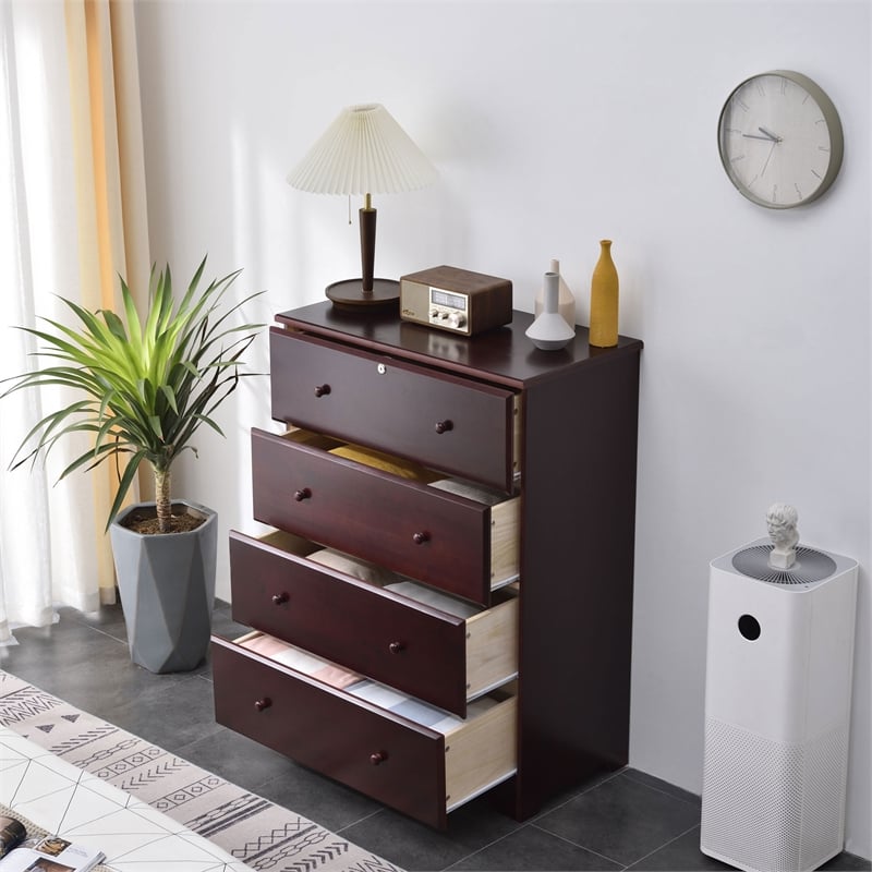 Pemberly Row Modern 4-Drawer Solid Pine Wood Chest Dresser in Mahogany