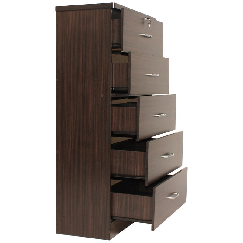 Pemberly Row Contemporary 5-Drawer Engineered Wood Tall Chest Dresser in Tobacco