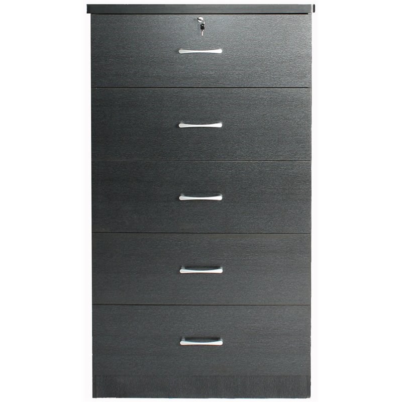 Pemberly Row Contemporary 5-Drawer Engineered Wood Tall Chest Dresser in Black
