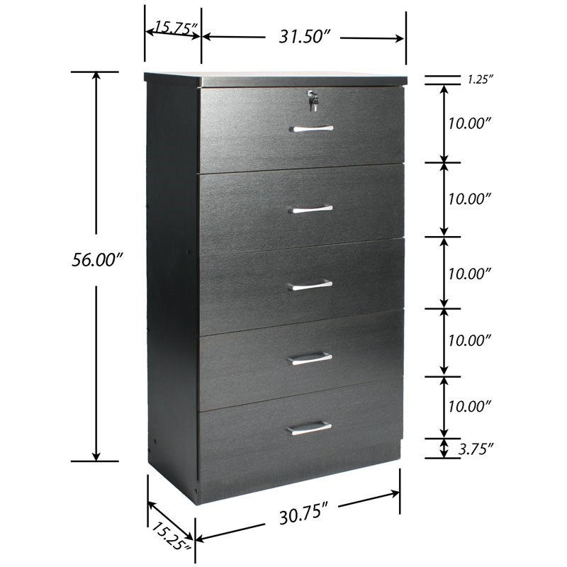 Pemberly Row Contemporary 5-Drawer Engineered Wood Tall Chest Dresser in Black