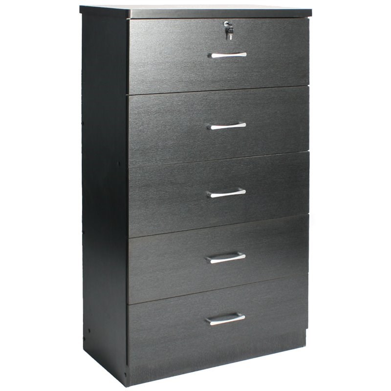 Pemberly Row Contemporary 5-Drawer Engineered Wood Tall Chest Dresser in Black