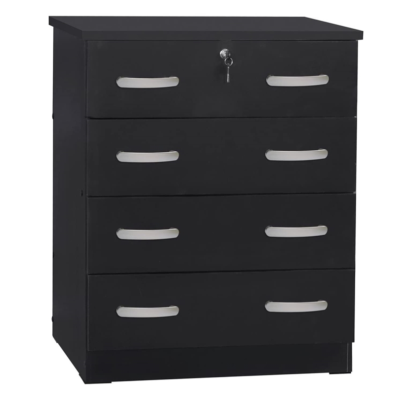 Pemberly Row Modern 4-Drawer Engineered Wood Chest Dresser with Lock in Black