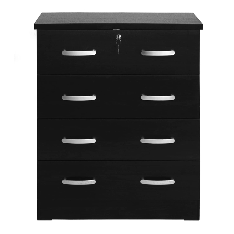 Pemberly Row Modern 4-Drawer Engineered Wood Chest Dresser with Lock in Black