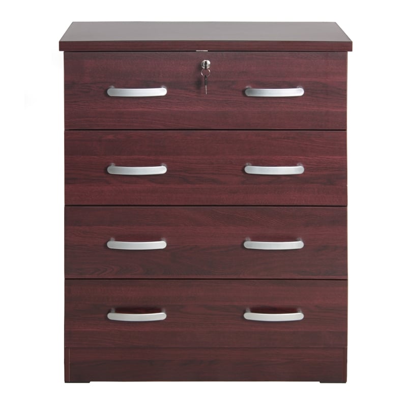 Pemberly Row Modern 4-Drawer Engineered Wood Chest Dresser with Lock in Mahogany