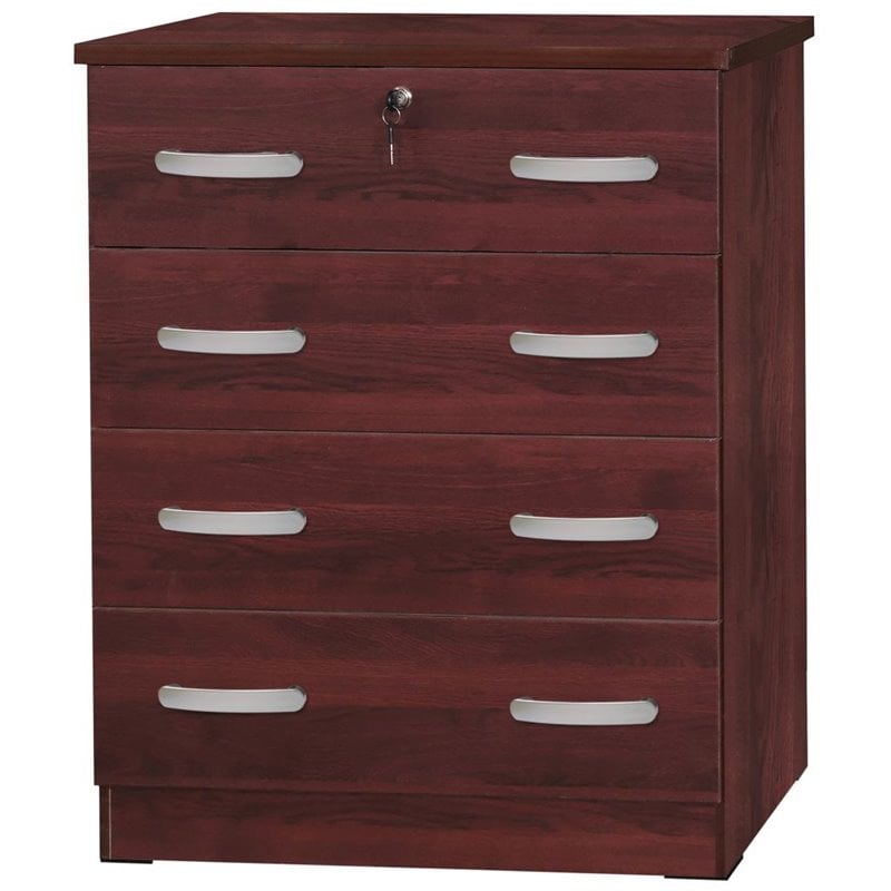 Pemberly Row Modern 4-Drawer Engineered Wood Chest Dresser with Lock in Mahogany