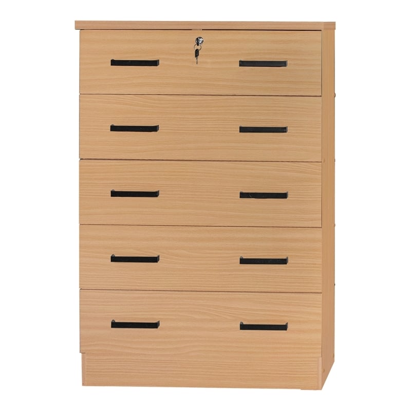 Pemberly Row Modern 5-Drawer Engineered Wood Chest Dresser with Lock in Maple