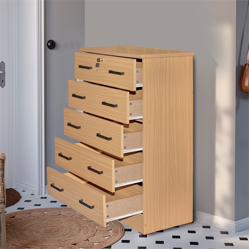 Pemberly Row Modern 5-Drawer Engineered Wood Chest Dresser with Lock in Maple