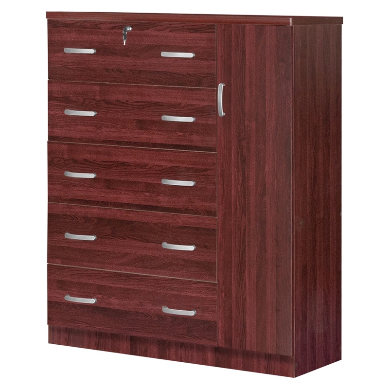 Pemberly Row Modern 5 Drawer Wooden Tall Chest Wardrobe in Mahogany